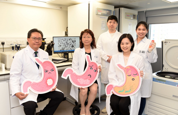 港大醫學院研究團隊近期兩項創新研究在理解胃癌最早期發展方面取得重大突破，有望改變現行的胃癌預防策略。研究團隊成員包括梁雪兒教授（前排中）、羅英傑教授（前排左）及甄凱寧教授（前排右）。